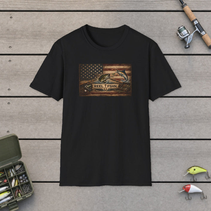 American Flag With Bass and Marlin T-Shirt